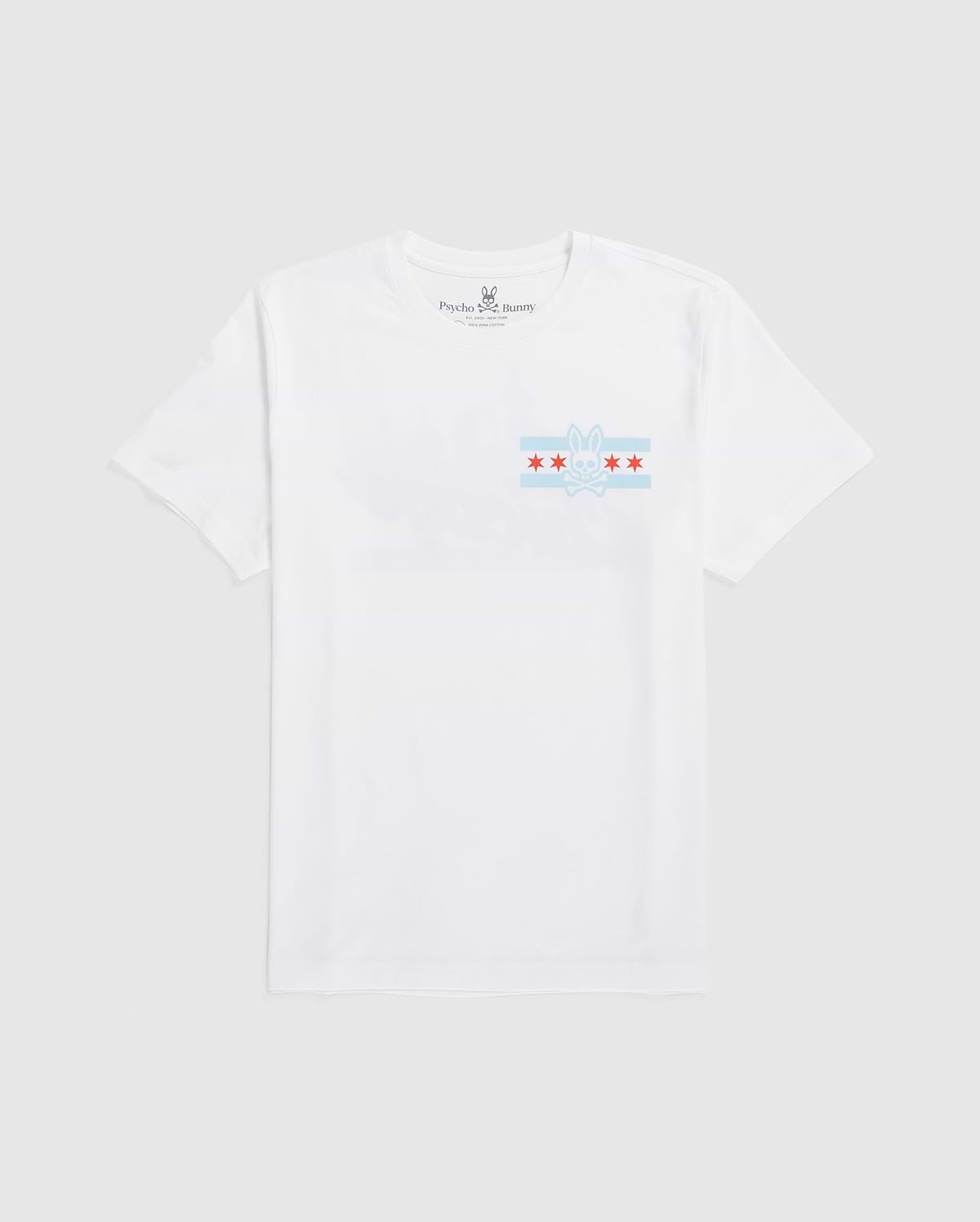 The MENS CHICAGO CITY TEE by Psycho Bunny is a white Pima cotton T-shirt, highlighted by a light blue graphic with red stars and a small bunny logo at the center.