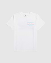 The MENS CHICAGO CITY TEE by Psycho Bunny is a white Pima cotton T-shirt, highlighted by a light blue graphic with red stars and a small bunny logo at the center.