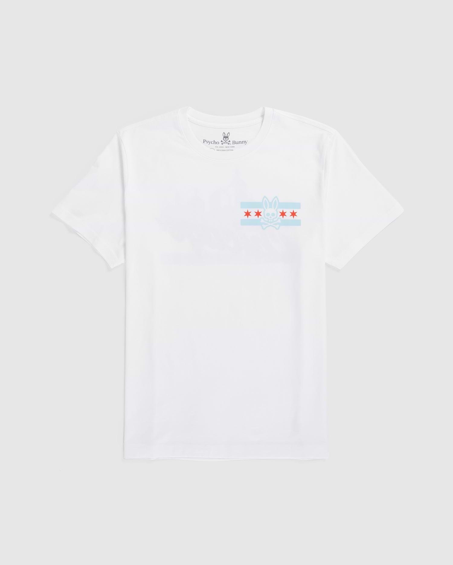 The MENS CHICAGO CITY TEE by Psycho Bunny is a white Pima cotton T-shirt, highlighted by a light blue graphic with red stars and a small bunny logo at the center.