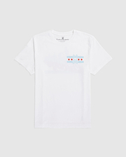The MENS CHICAGO CITY TEE by Psycho Bunny is a white Pima cotton T-shirt, highlighted by a light blue graphic with red stars and a small bunny logo at the center.