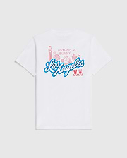 A white Pima cotton T-shirt featuring a graphic design on the back with the words "Psycho Bunny Los Angeles" in blue and pink. The design includes iconic Los Angeles landmarks and Psycho Bunny logos, reminiscent of retro Dodgers style. The Psycho Bunny MENS LOS ANGELES CITY TEE - B6U861A2PC is displayed against a plain white background. (6)