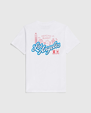 A white Pima cotton T-shirt featuring a graphic design on the back with the words "Psycho Bunny Los Angeles" in blue and pink. The design includes iconic Los Angeles landmarks and Psycho Bunny logos, reminiscent of retro Dodgers style. The Psycho Bunny MENS LOS ANGELES CITY TEE - B6U861A2PC is displayed against a plain white background. (6)