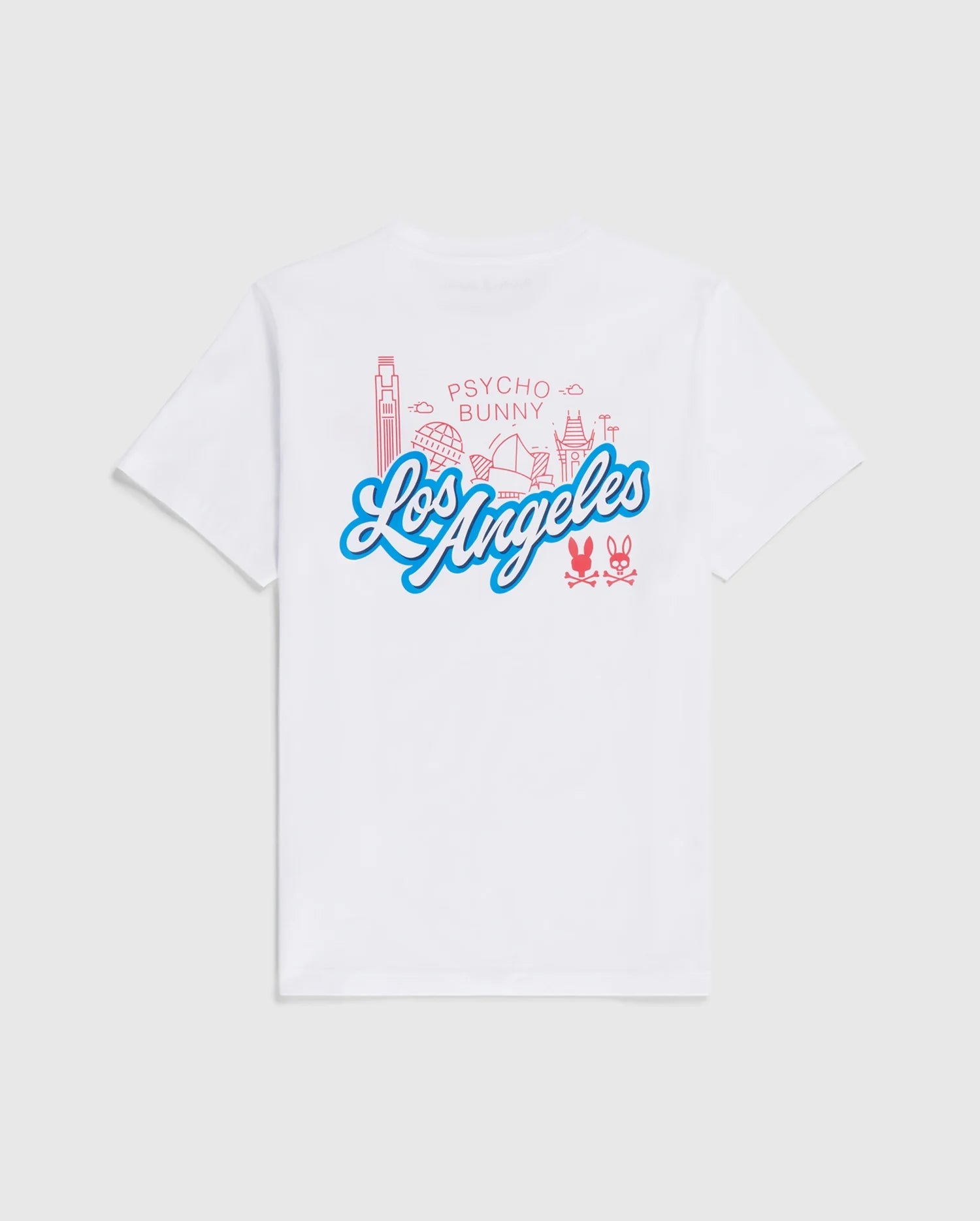 A white Pima cotton T-shirt featuring a graphic design on the back with the words "Psycho Bunny Los Angeles" in blue and pink. The design includes iconic Los Angeles landmarks and Psycho Bunny logos, reminiscent of retro Dodgers style. The Psycho Bunny MENS LOS ANGELES CITY TEE - B6U861A2PC is displayed against a plain white background. (6)