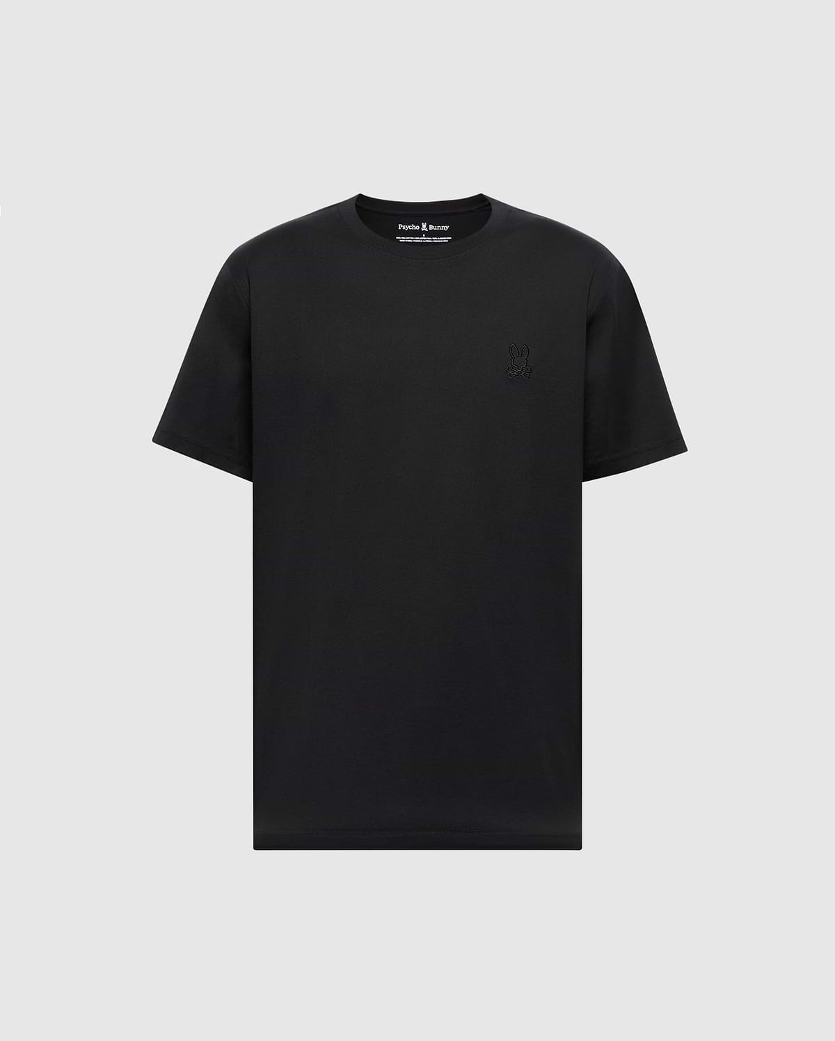 The MENS JAMES PREMIUM CREW NECK TEE by Psycho Bunny is a plain black T-shirt made from soft Pima cotton, featuring short sleeves and a crew neckline with premium embroidery on the left chest.