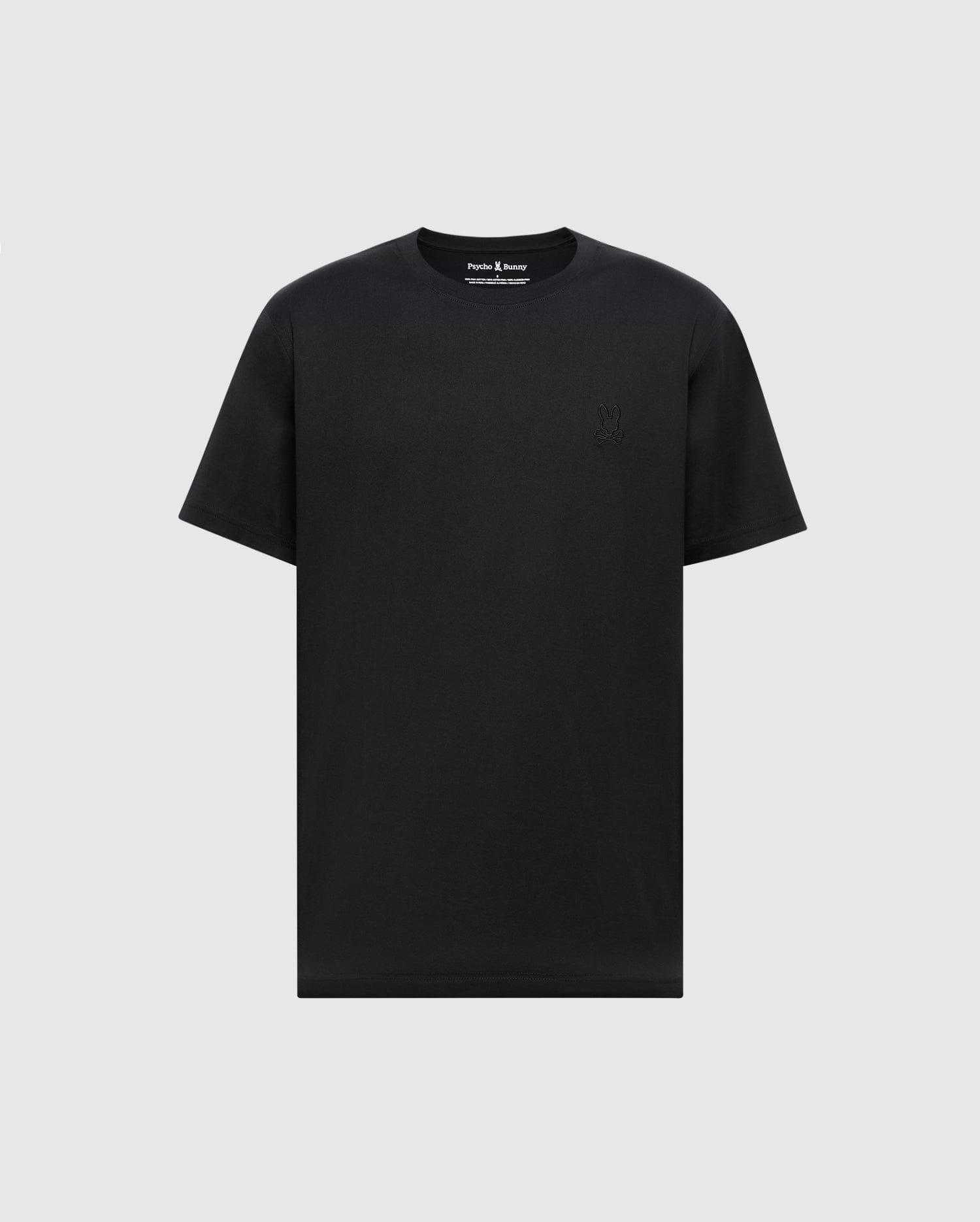 The MENS JAMES PREMIUM CREW NECK TEE by Psycho Bunny is a plain black T-shirt made from soft Pima cotton, featuring short sleeves and a crew neckline with premium embroidery on the left chest.