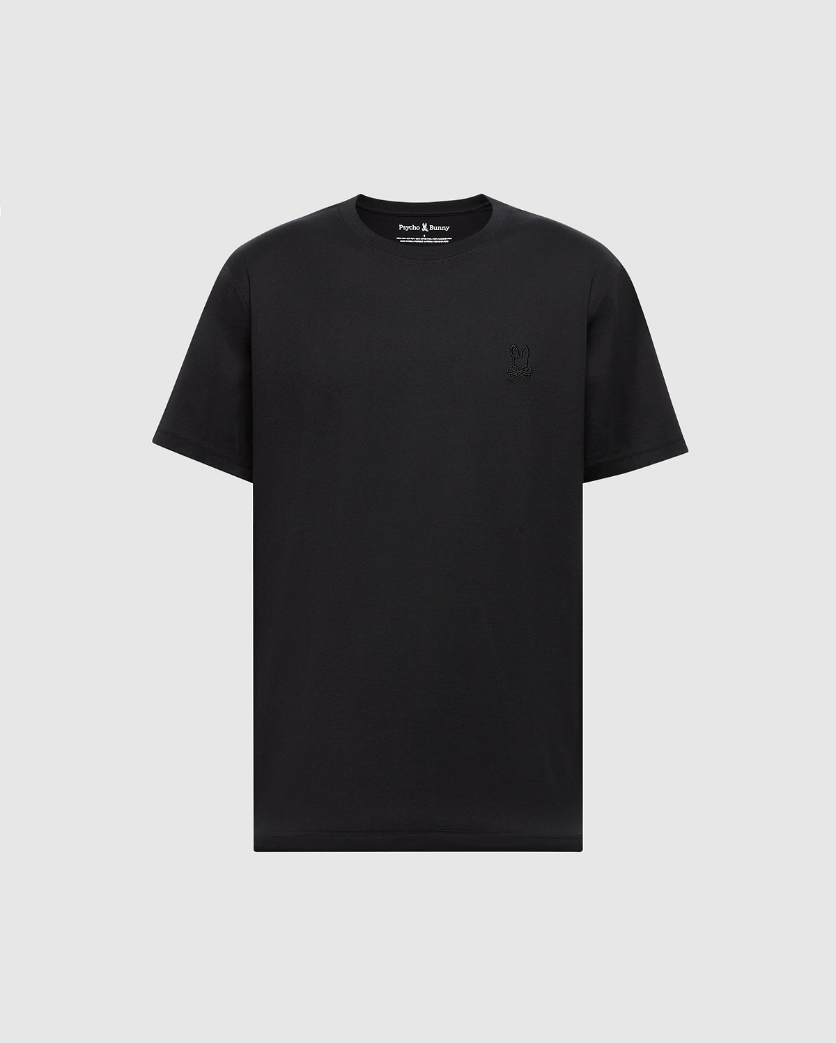 The MENS JAMES PREMIUM CREW NECK TEE by Psycho Bunny is a plain black T-shirt made from soft Pima cotton, featuring short sleeves and a crew neckline with premium embroidery on the left chest.