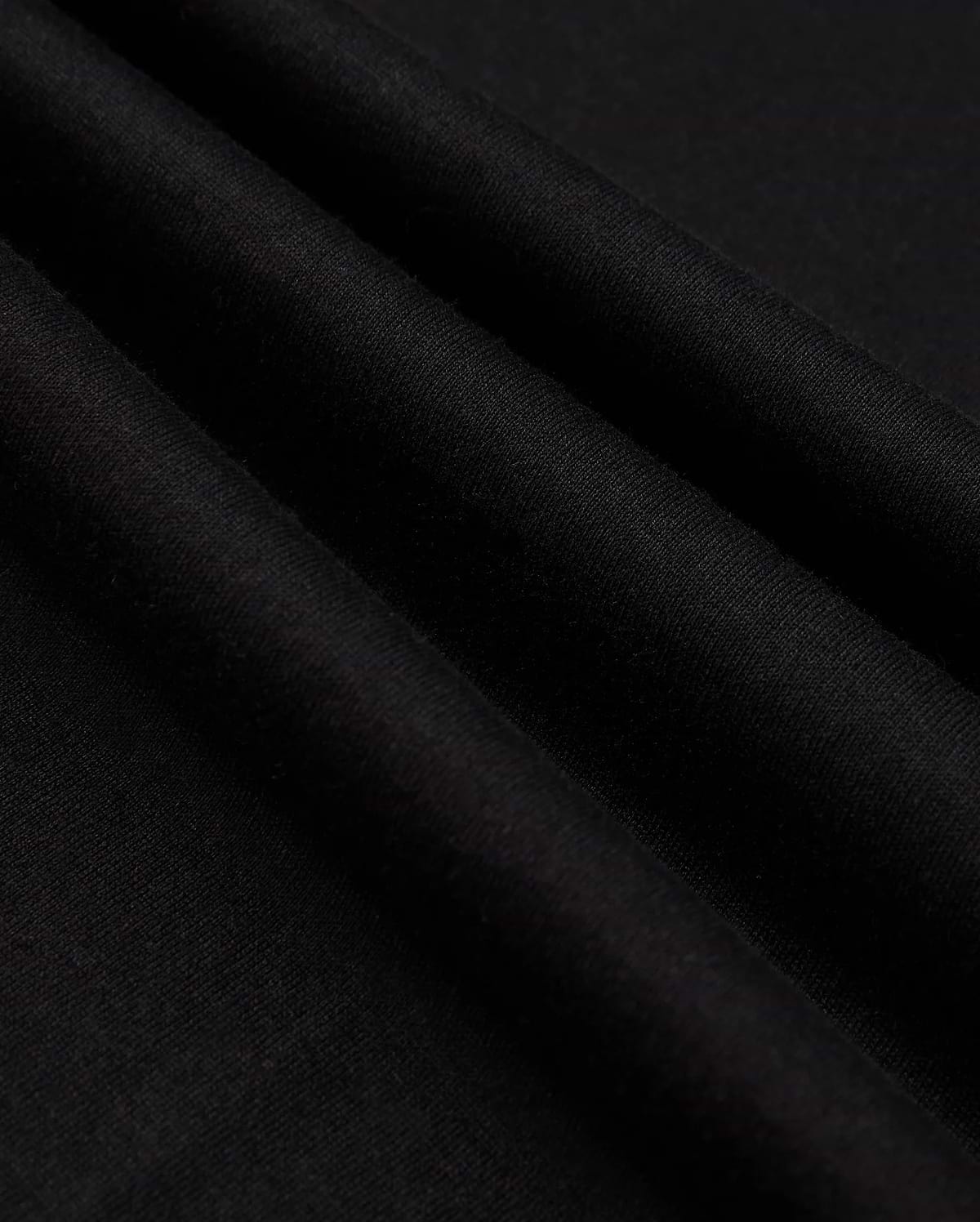 Close-up of the neatly folded black Pima cotton fabric with a soft texture. Three prominent folds create shadows, emphasizing the smooth material. The image highlights the quality and richness of Psycho Bunny's MENS JAMES PREMIUM CREW NECK TEE - B6U952D200, showcasing its sleek and elegant appearance.