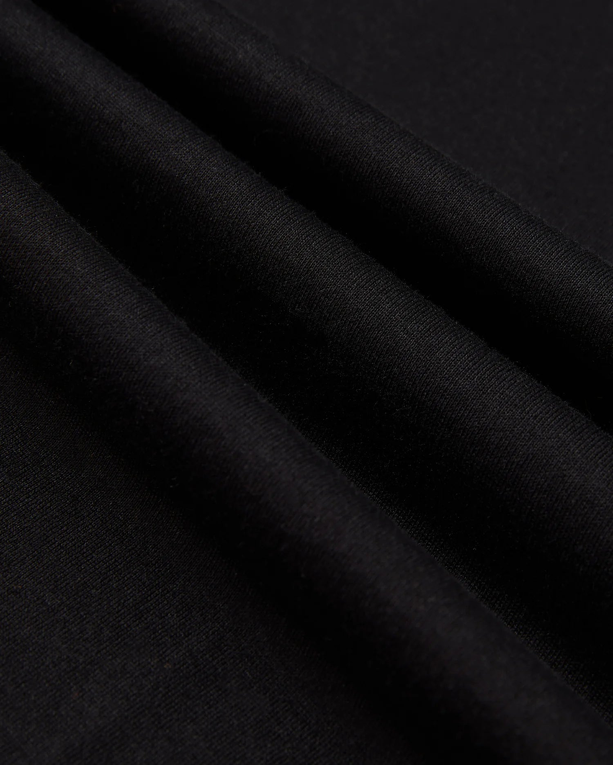 Close-up of the neatly folded black Pima cotton fabric with a soft texture. Three prominent folds create shadows, emphasizing the smooth material. The image highlights the quality and richness of Psycho Bunny's MENS JAMES PREMIUM CREW NECK TEE - B6U952D200, showcasing its sleek and elegant appearance.