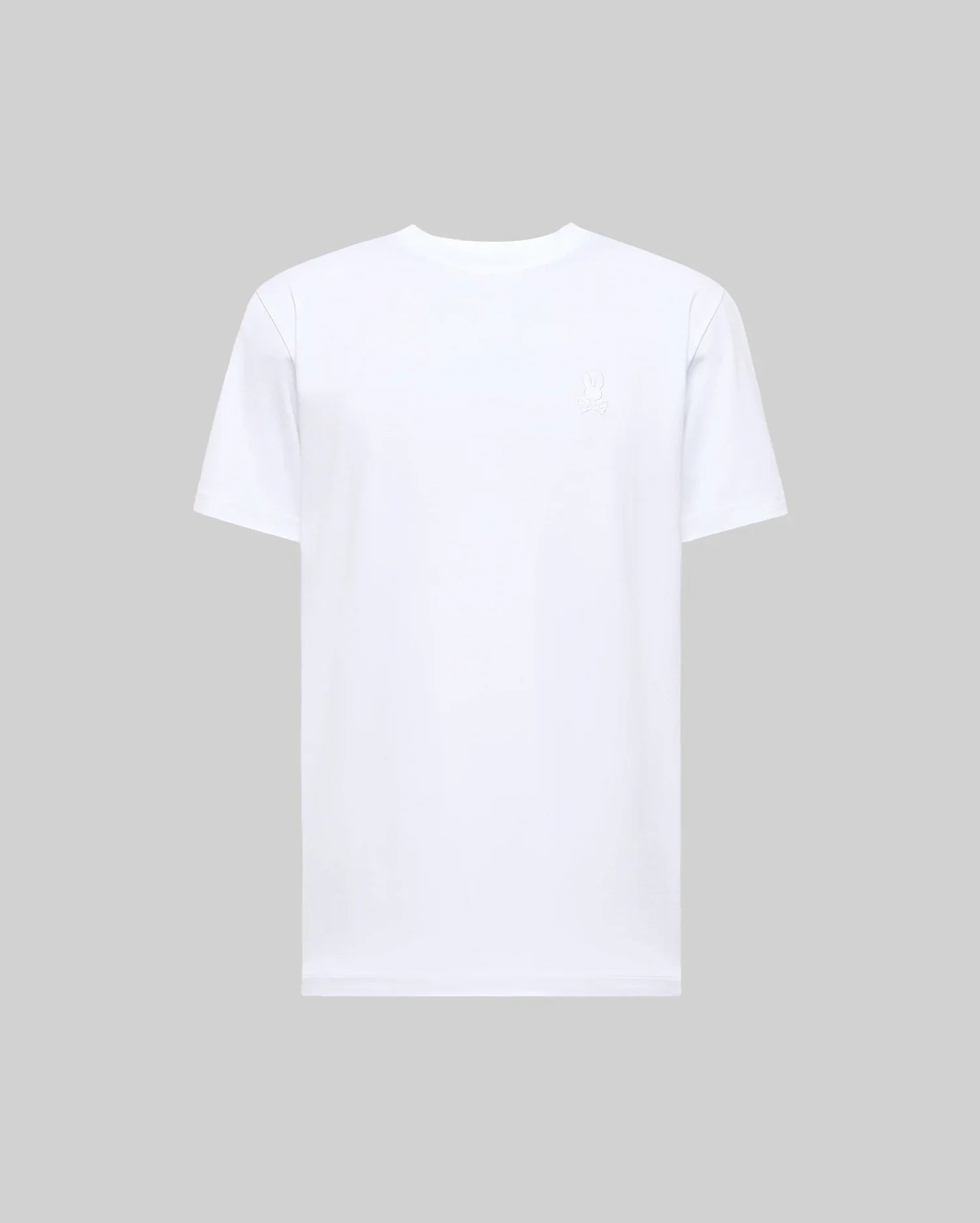 The Psycho Bunny MENS JAMES PREMIUM CREW NECK TEE (B6U952D200), a plain white short-sleeve Pima cotton shirt, is displayed front-facing on a light gray background with a subtle embroidered logo on the left chest.