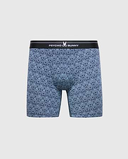 The Psycho Bunny Men's 2 Pack Boxer Brief, style B6V481F200, boasts a breathable stretch Pima cotton with a blue and black geometric pattern, featuring a black waistband with the "Psycho Bunny" logo in white.