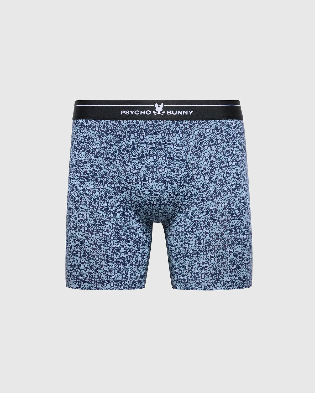 The Psycho Bunny Men's 2 Pack Boxer Brief, style B6V481F200, boasts a breathable stretch Pima cotton with a blue and black geometric pattern, featuring a black waistband with the "Psycho Bunny" logo in white.