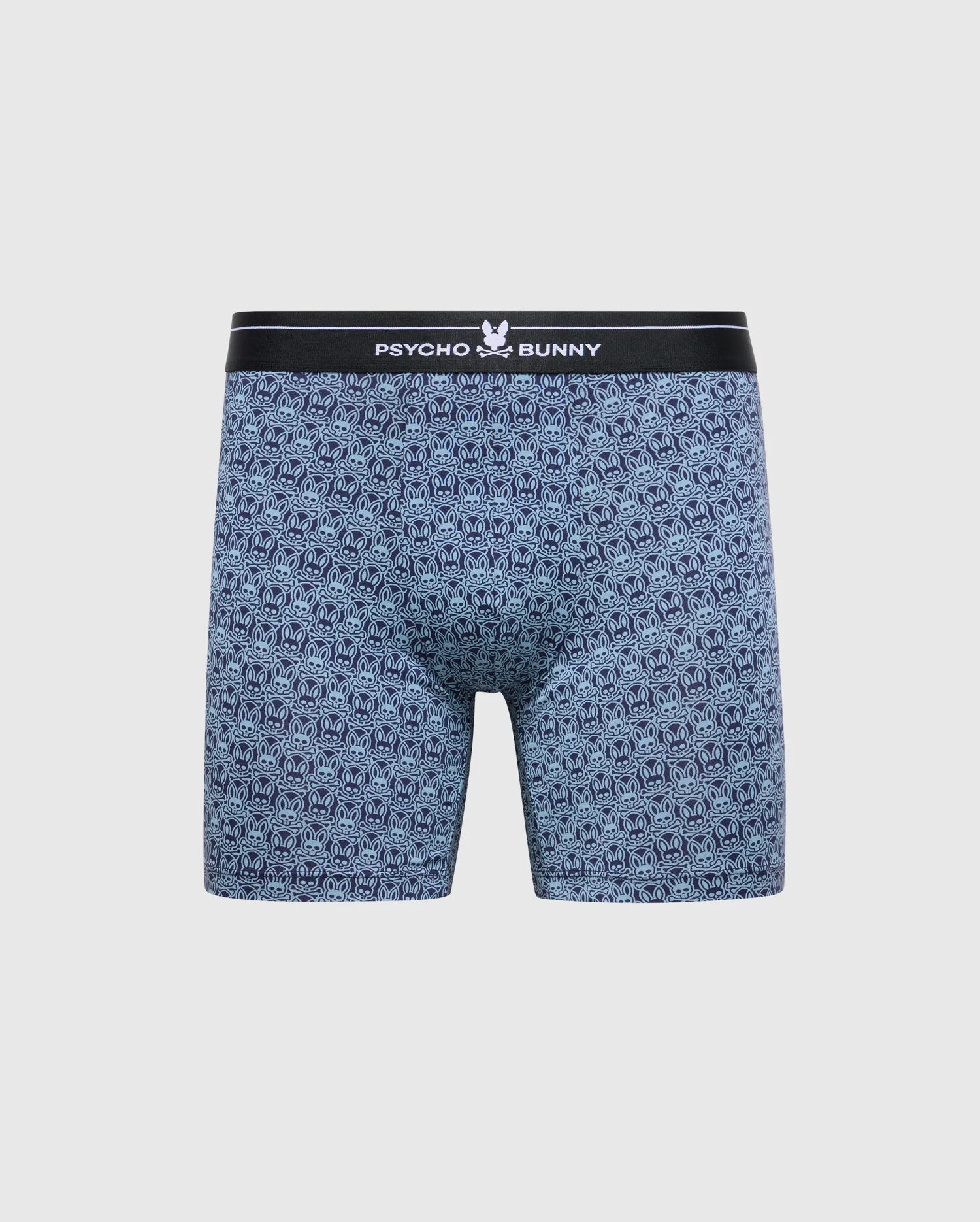 The Psycho Bunny Men's 2 Pack Boxer Brief, style B6V481F200, boasts a breathable stretch Pima cotton with a blue and black geometric pattern, featuring a black waistband with the "Psycho Bunny" logo in white.
