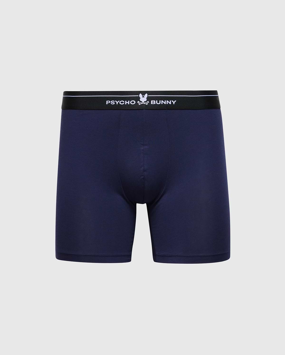 The Psycho Bunny Men's 2 Pack Boxer Briefs (B6V481F200) in navy blue are made from soft Pima cotton, featuring a black elastic waistband with "Psycho Bunny" and the bunny logo in white on a light gray background, offering stretchy knit comfort.