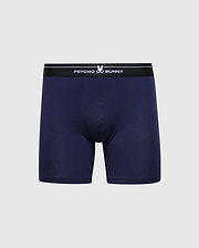 The Psycho Bunny Men's 2 Pack Boxer Briefs (B6V481F200) in navy blue are made from soft Pima cotton, featuring a black elastic waistband with "Psycho Bunny" and the bunny logo in white on a light gray background, offering stretchy knit comfort.