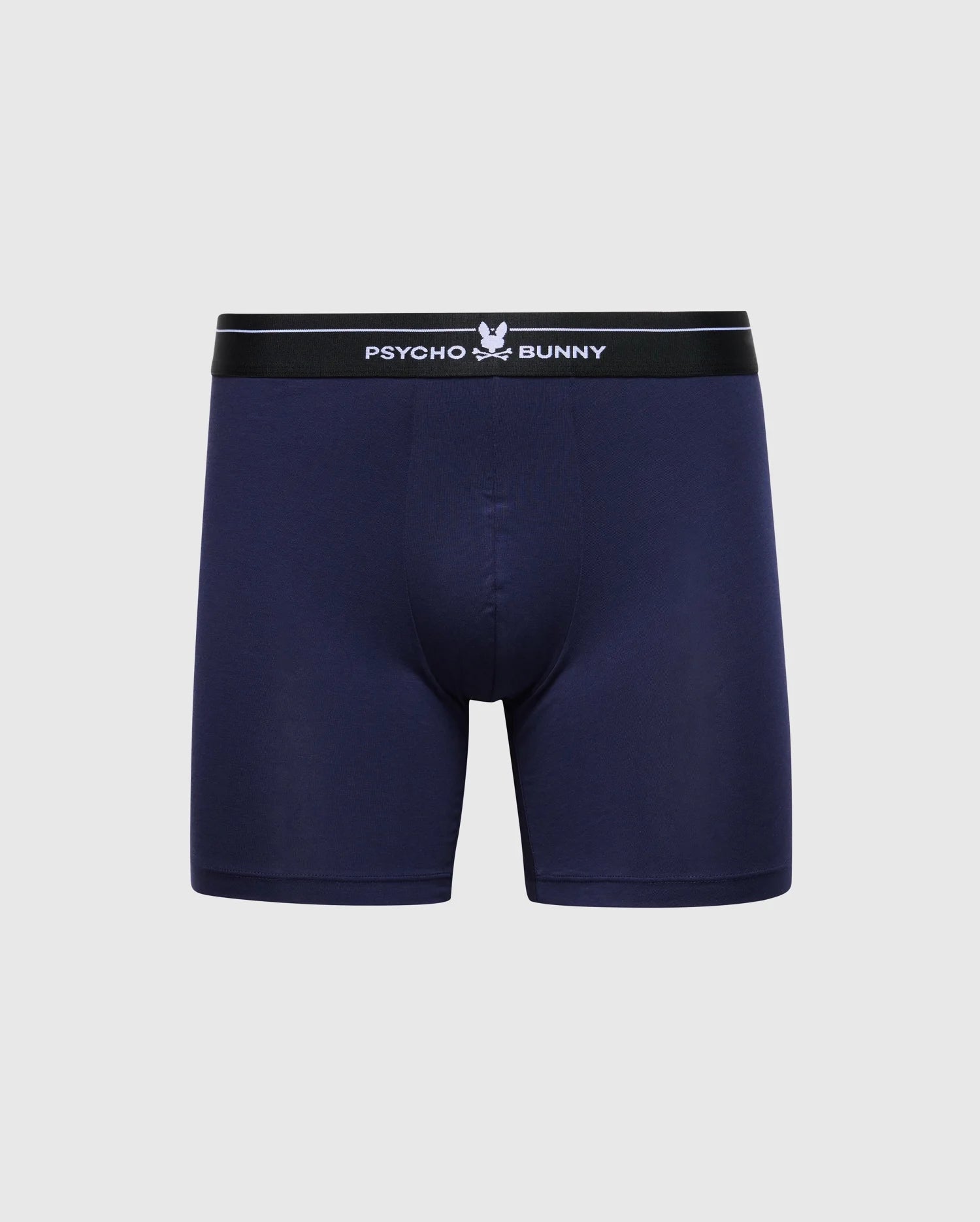 The Psycho Bunny Men's 2 Pack Boxer Briefs (B6V481F200) in navy blue are made from soft Pima cotton, featuring a black elastic waistband with "Psycho Bunny" and the bunny logo in white on a light gray background, offering stretchy knit comfort.