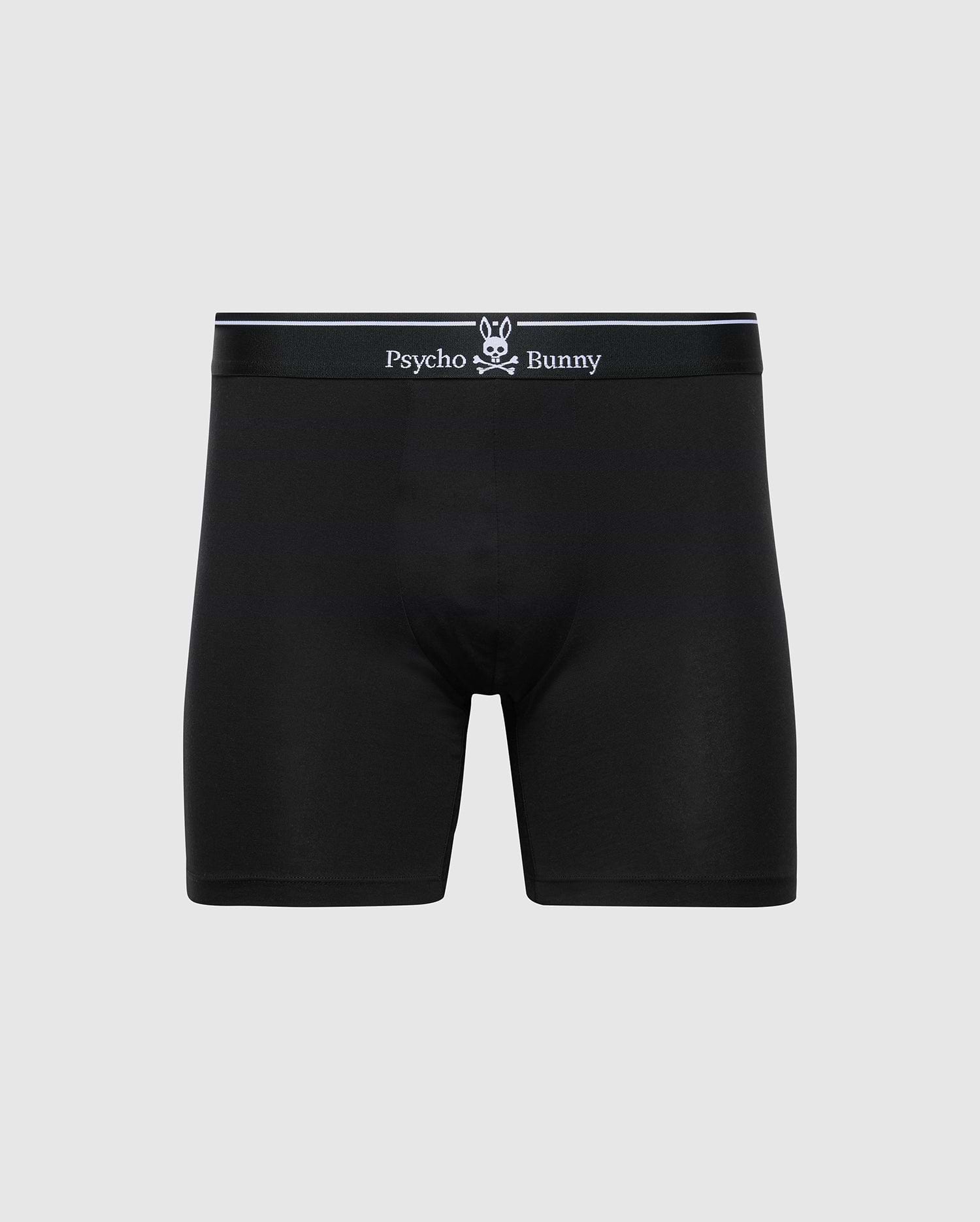 The Psycho Bunny MENS SOLID KNIT 2 PACK BOXER BRIEF (B6V906ARCM) features black stretch knit, a fitted design, soft Pima cotton, and a black waistband with "Psycho Bunny" and bunny logo in white on the front. Plain light gray background.