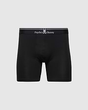 The Psycho Bunny MENS SOLID KNIT 2 PACK BOXER BRIEF (B6V906ARCM) features black stretch knit, a fitted design, soft Pima cotton, and a black waistband with "Psycho Bunny" and bunny logo in white on the front. Plain light gray background.