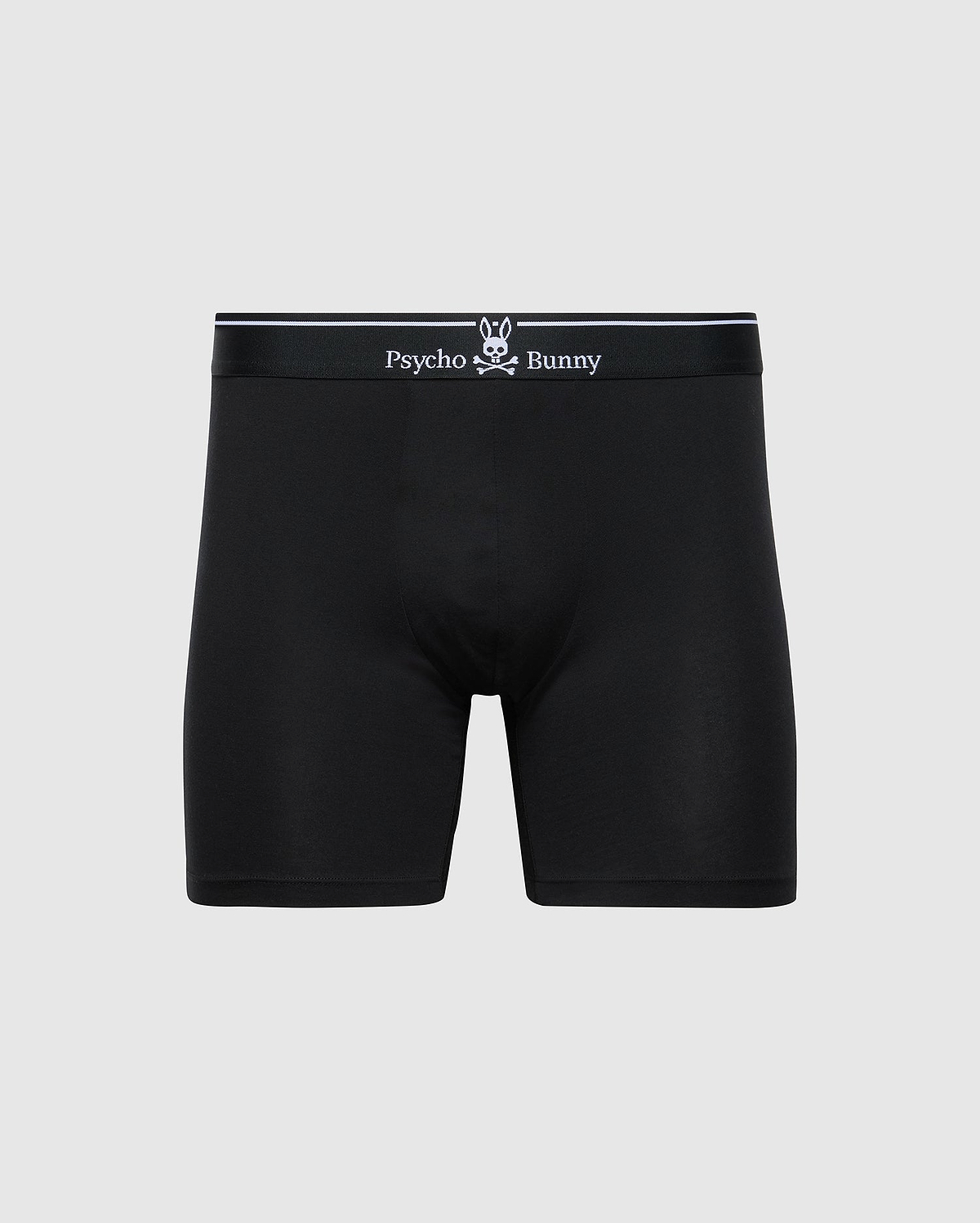 The Psycho Bunny MENS SOLID KNIT 2 PACK BOXER BRIEF (B6V906ARCM) features black stretch knit, a fitted design, soft Pima cotton, and a black waistband with "Psycho Bunny" and bunny logo in white on the front. Plain light gray background.