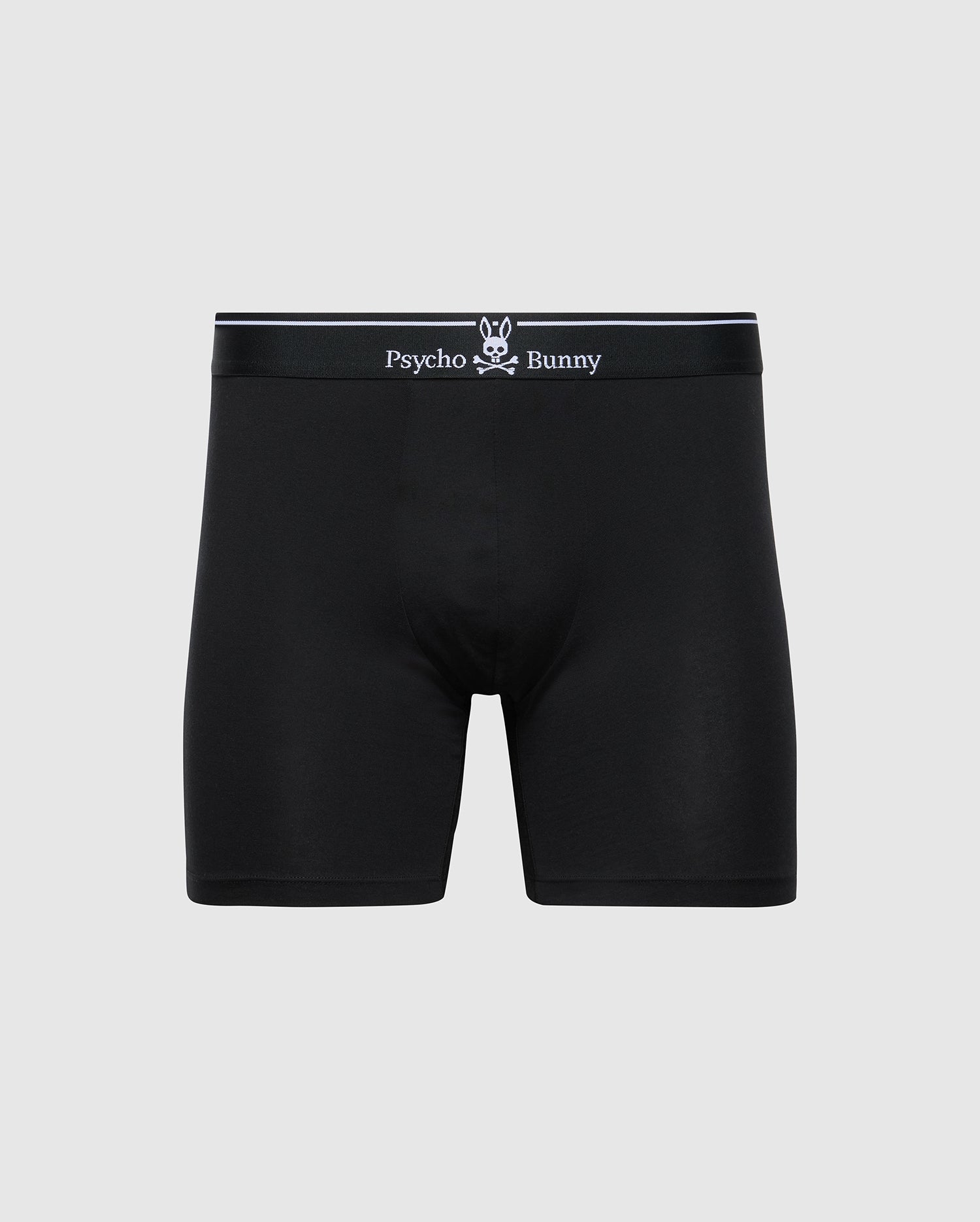 The Psycho Bunny MENS SOLID KNIT 2 PACK BOXER BRIEF (B6V906ARCM) features black stretch knit, a fitted design, soft Pima cotton, and a black waistband with "Psycho Bunny" and bunny logo in white on the front. Plain light gray background.