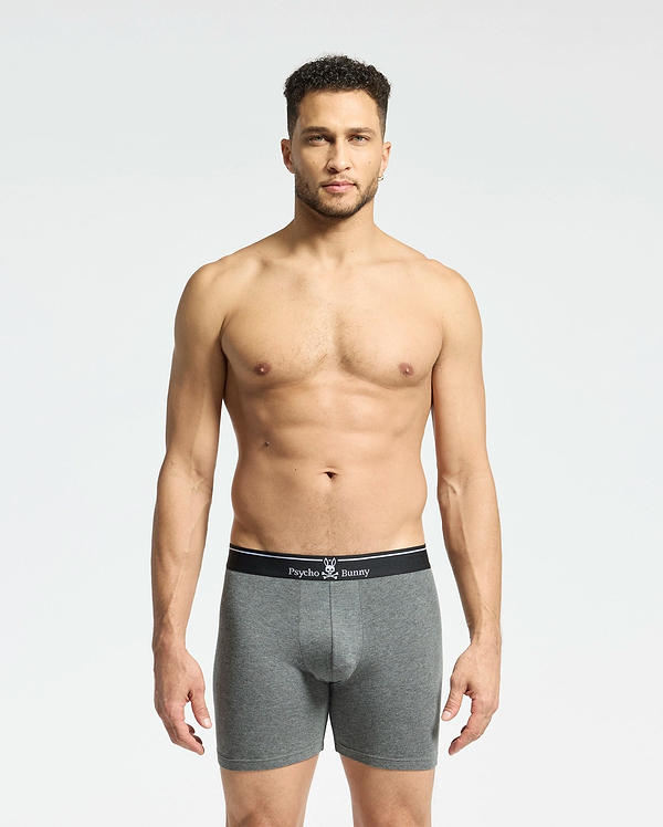 A man stands against a plain background, wearing gray fitted boxers from the Psycho Bunny MENS SOLID KNIT 2 PACK. These Pima cotton briefs feature a black waistband with the brand's bunny logo and crossbones, epitomizing style and comfort.