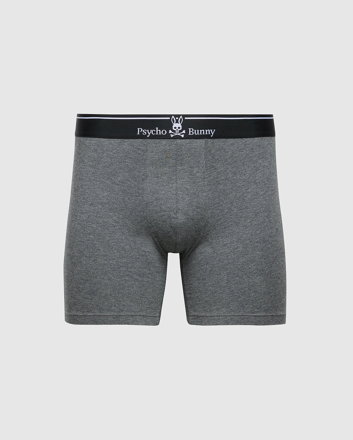 The MENS SOLID KNIT 2 PACK BOXER BRIEF - B6V906ARCM by Psycho Bunny features grey briefs made from soft, stretchy Pima cotton with a black waistband and white "Psycho Bunny" logo, offering ultimate comfort and sleek design.