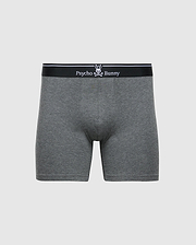 The MENS SOLID KNIT 2 PACK BOXER BRIEF - B6V906ARCM by Psycho Bunny features grey briefs made from soft, stretchy Pima cotton with a black waistband and white "Psycho Bunny" logo, offering ultimate comfort and sleek design.