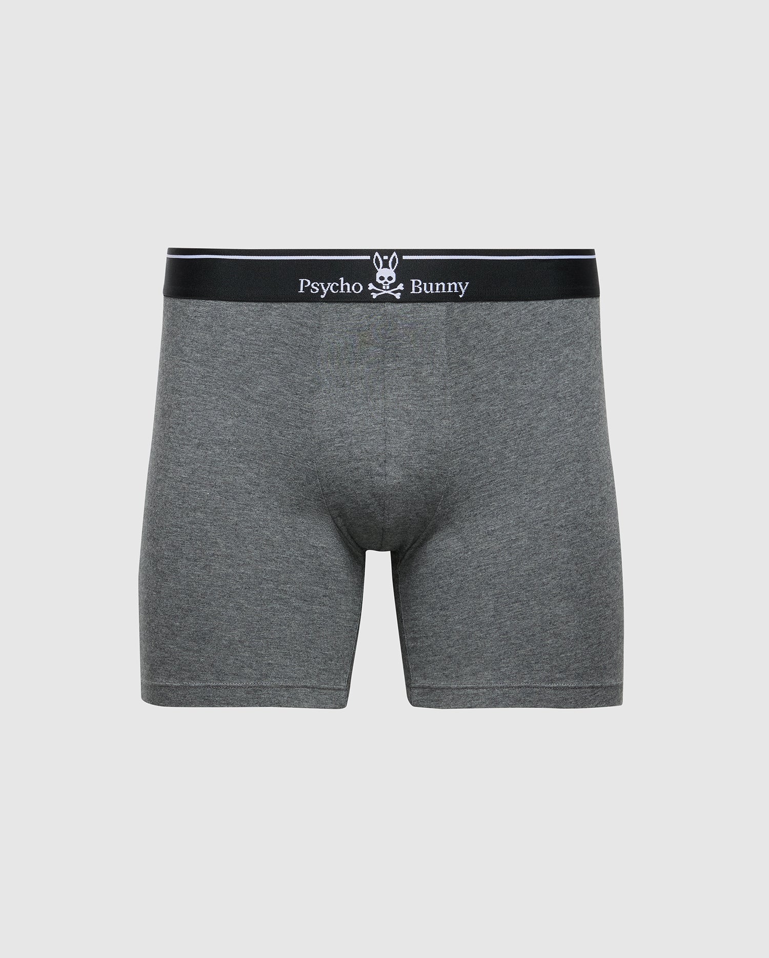 The MENS SOLID KNIT 2 PACK BOXER BRIEF - B6V906ARCM by Psycho Bunny features grey briefs made from soft, stretchy Pima cotton with a black waistband and white "Psycho Bunny" logo, offering ultimate comfort and sleek design.
