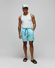Mens Samos Hydrochromic Printed Swim Trunk, aqua, relaxed fit, smooth fabric, royal blue drawstring with branded Psycho Bunny toggle, small embroidered royal blue bunny skull logo left leg.