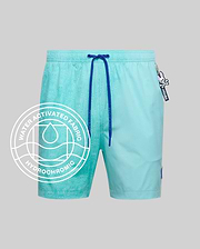 Mens Samos Hydrochromic Printed Swim Trunk in aqua, featuring a water-activated subtle Psycho Bunny skull pattern, royal blue drawstrings, and a small side logo tag.