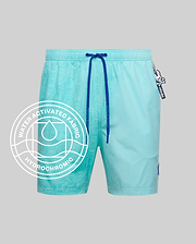 Mens Samos Hydrochromic Printed Swim Trunk in aqua, featuring a water-activated subtle Psycho Bunny skull pattern, royal blue drawstrings, and a small side logo tag.