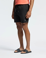 Mens Samos Hydrochromic Printed Swim Trunk in black, featuring an elastic waistband, drawstring with Psycho Bunny text, and a small grey bunny skull logo on the left thigh. Classic fit, smooth fabric.