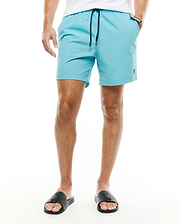 Mens Samos Hydrochromic Swim Trunks in aqua blue, featuring a classic fit, smooth quick-dry fabric, dark blue drawstring with white Psycho Bunny text, and a small black embroidered bunny skull logo on the left leg. (2)
