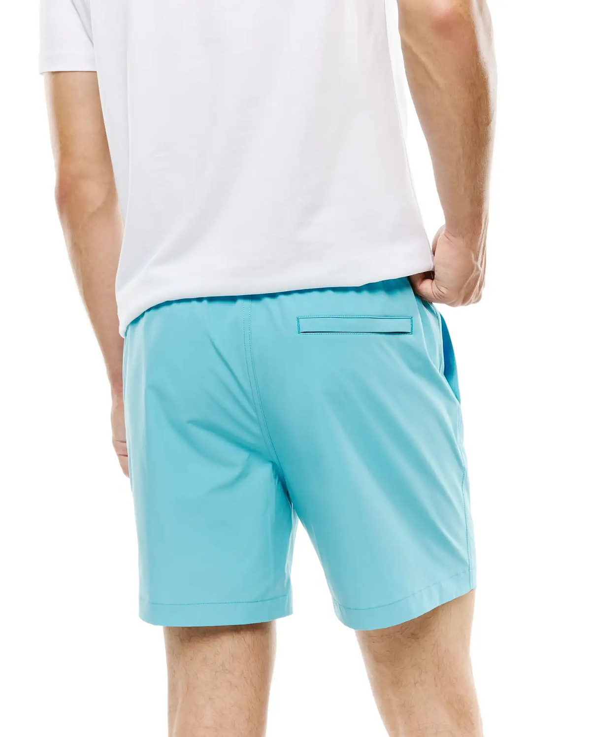 Mens Samos Hydrochromic Swim Trunks in vibrant aqua, featuring a relaxed fit, smooth quick-dry fabric, elastic waistband, and a single back welt pocket. (3)
