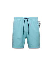 Mens Samos Hydrochromic Swim Trunks in light blue, with dark blue drawstring, Psycho Bunny logo tips, an embroidered skull logo on the left leg, and a Psycho Bunny skull logo tag on the right hip. (1)