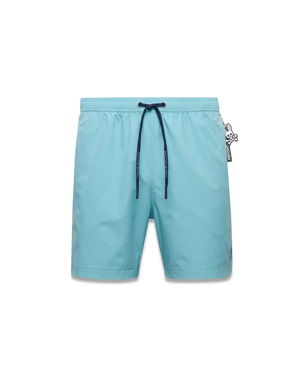 Mens Samos Hydrochromic Swim Trunks in light blue, with dark blue drawstring, Psycho Bunny logo tips, an embroidered skull logo on the left leg, and a Psycho Bunny skull logo tag on the right hip. (1)