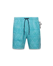 Mens Samos Hydrochromic Swim Trunks, aqua blue with an all-over tonal Psycho Bunny skull and crossbones pattern. Features an elastic waist, dark blue drawstring with Psycho Bunny text, and a side logo tag. (6)