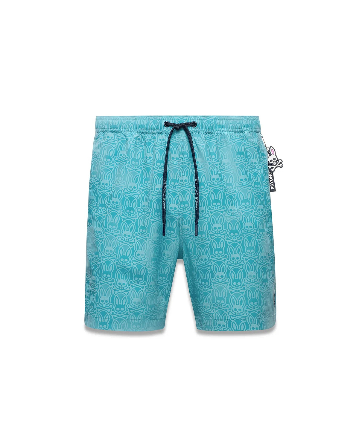 Mens Samos Hydrochromic Swim Trunks, aqua blue with an all-over tonal Psycho Bunny skull and crossbones pattern. Features an elastic waist, dark blue drawstring with Psycho Bunny text, and a side logo tag. (6)