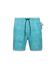 Mens Samos Hydrochromic Swim Trunks, aqua blue with an all-over tonal Psycho Bunny skull and crossbones pattern. Features an elastic waist, dark blue drawstring with Psycho Bunny text, and a side logo tag. (6)