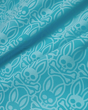 Mens Samos Hydrochromic Swim Trunks in vibrant teal, featuring a tone-on-tone all-over pattern of the iconic Psycho Bunny skull and crossbones logo on a smooth, durable swim fabric. (7)