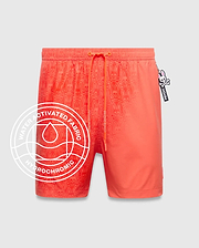 Mens Samos Hydrochromic Printed Swim Trunk, a coral orange classic fit swim short with a smooth quick-dry fabric and a water-activated all-over Psycho Bunny skull logo print.