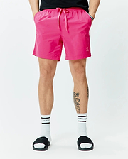 Mens Samos Hydrochromic Printed Swim Trunk 6, vibrant pink, with elastic drawstring waist, side pockets, small embroidered bunny skull logo, and Psycho Bunny tag. Relaxed fit, smooth quick-dry fabric. (3)