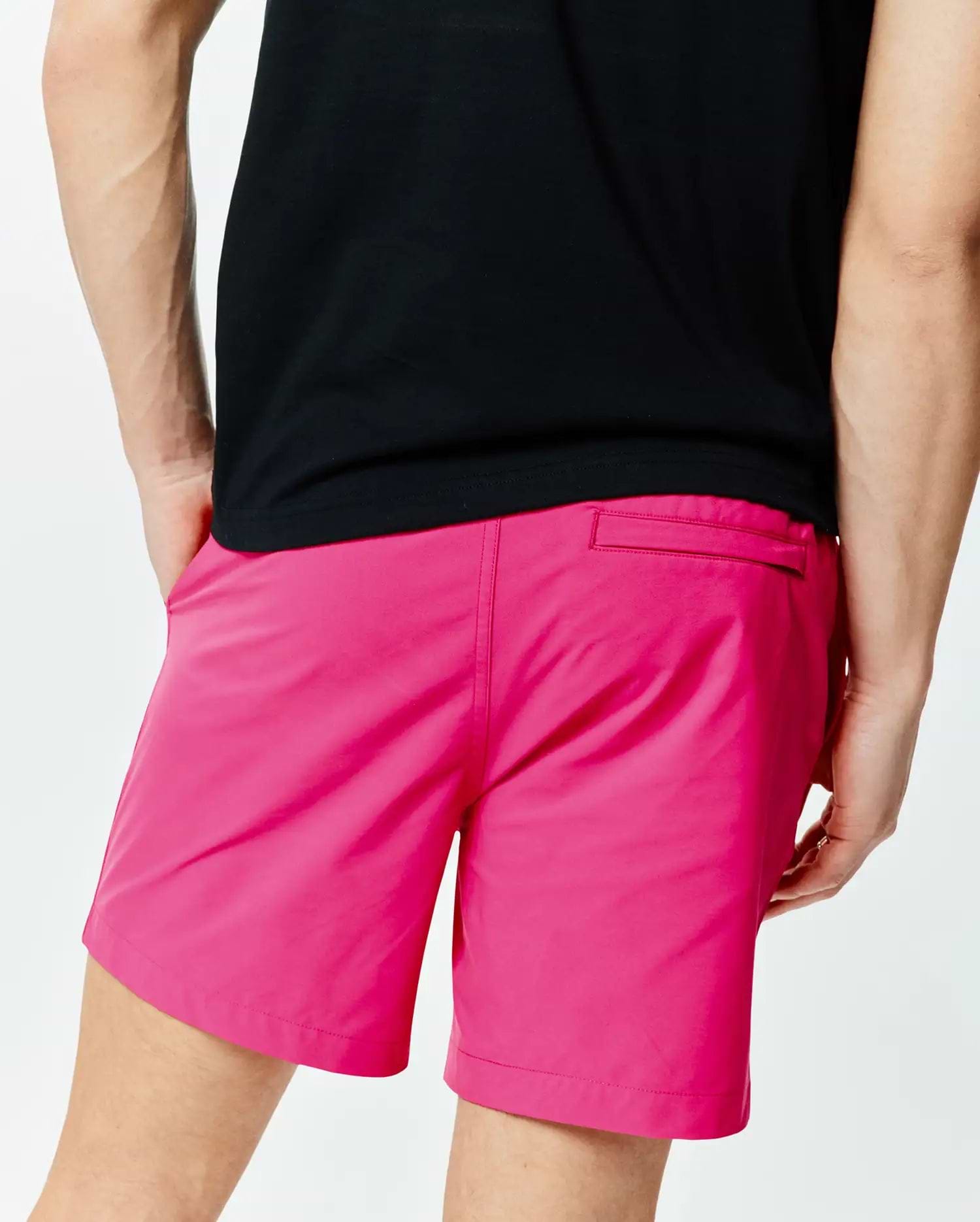 Mens Samos Hydrochromic Printed Swim Trunk 6 in vibrant hot pink, featuring a smooth, quick-dry fabric, classic fit, and a subtle back pocket. (4)