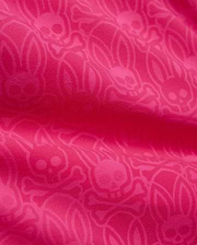 Mens Samos Hydrochromic Printed Swim Trunk 6 in bright fuchsia, featuring a subtle tone-on-tone Psycho Bunny skull and crossbones logo pattern on smooth swimwear fabric. (7)