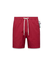 Mens Samos Hydrochromic Printed Swim Trunk in deep red, featuring a relaxed fit, smooth quick-dry fabric, white drawstrings with Psycho Bunny text, and a small Psycho Bunny skull logo tag on the right hip. (5)