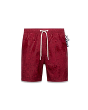 Mens Samos Hydrochromic Printed Swim Trunk in deep red with an all-over subtle bunny skull pattern, white drawstrings featuring Psycho Bunny text, and a side logo tag. (6)