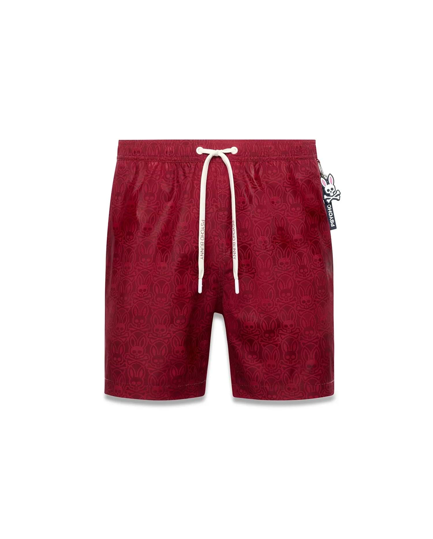 Mens Samos Hydrochromic Printed Swim Trunk in deep red with an all-over subtle bunny skull pattern, white drawstrings featuring Psycho Bunny text, and a side logo tag. (6)