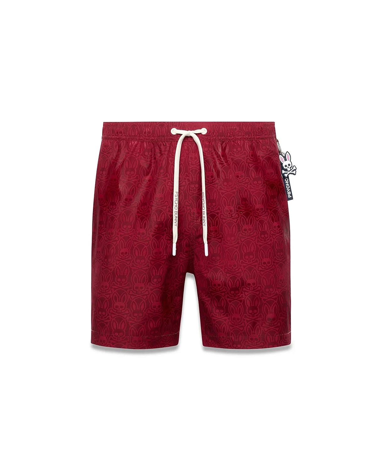 Mens Samos Hydrochromic Printed Swim Trunk in deep red with an all-over subtle bunny skull pattern, white drawstrings featuring Psycho Bunny text, and a side logo tag. (6)