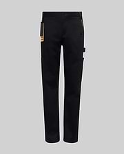 The Psycho Bunny KIDS RUSSELL CARPENTER PANT (KB0600001) in black features a regular fit, straight legs, side and cargo pockets, a right-leg utility loop, and a keychain tag on the front left belt loop, shown on a plain gray background.