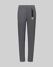 The Psycho Bunny KIDS MATHIEU COMMUTER PANT (KB0600002) features a classic fit, straight-leg gray style with front pockets, button and zipper closure, partial elastic waistband, and a black tag with gold label on the belt loop.
