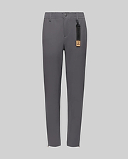 The Psycho Bunny KIDS MATHIEU COMMUTER PANT (KB0600002) features a classic fit, straight-leg gray style with front pockets, button and zipper closure, partial elastic waistband, and a black tag with gold label on the belt loop.